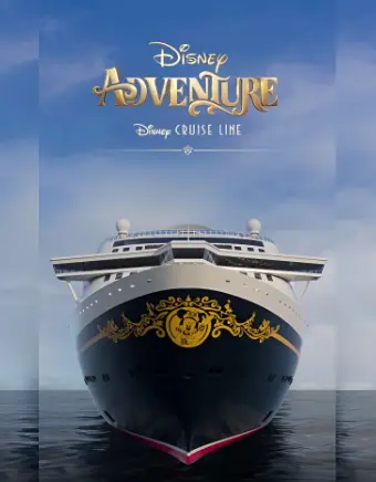 Front‑on view of the Disney Adventure cruise ship cutting through calm blue waters beneath a bright sky, with the “Disney Adventure” logo prominently displayed above the bow.