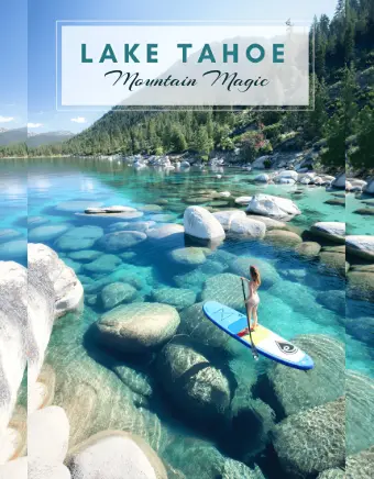 A person paddleboarding on crystal-clear turquoise waters of Lake Tahoe, surrounded by smooth granite boulders, dense pine forests, and distant mountain peaks under a bright blue sky.